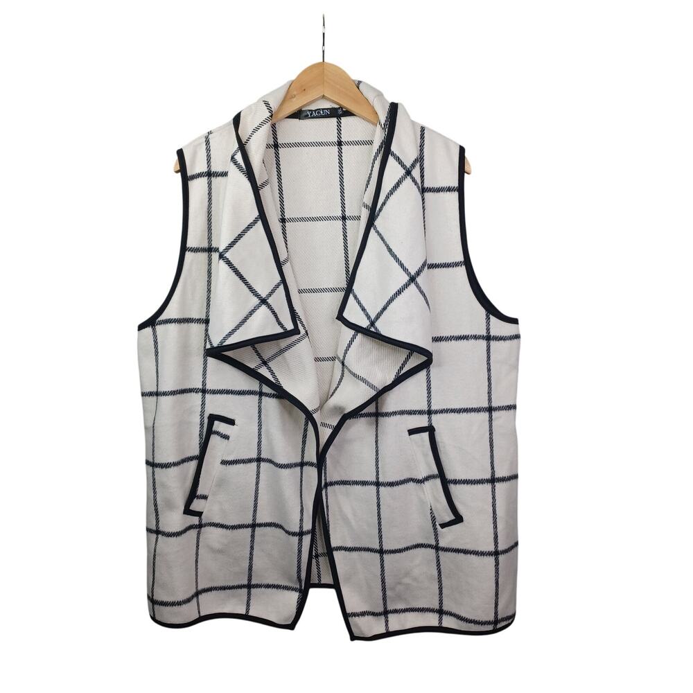 Yacun Women Plaid Draped Waterfall Vest Size 2XL Cream Long Sleeveless Cardigan